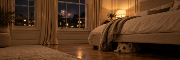 Small white dog hiding under a bed while fireworks light up the window at night