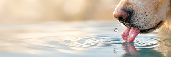 Close-up of a golden retriever lapping water from a bowl in warm light